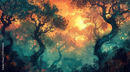 Imaginary woodland featuring surreal trees, artistic composition.