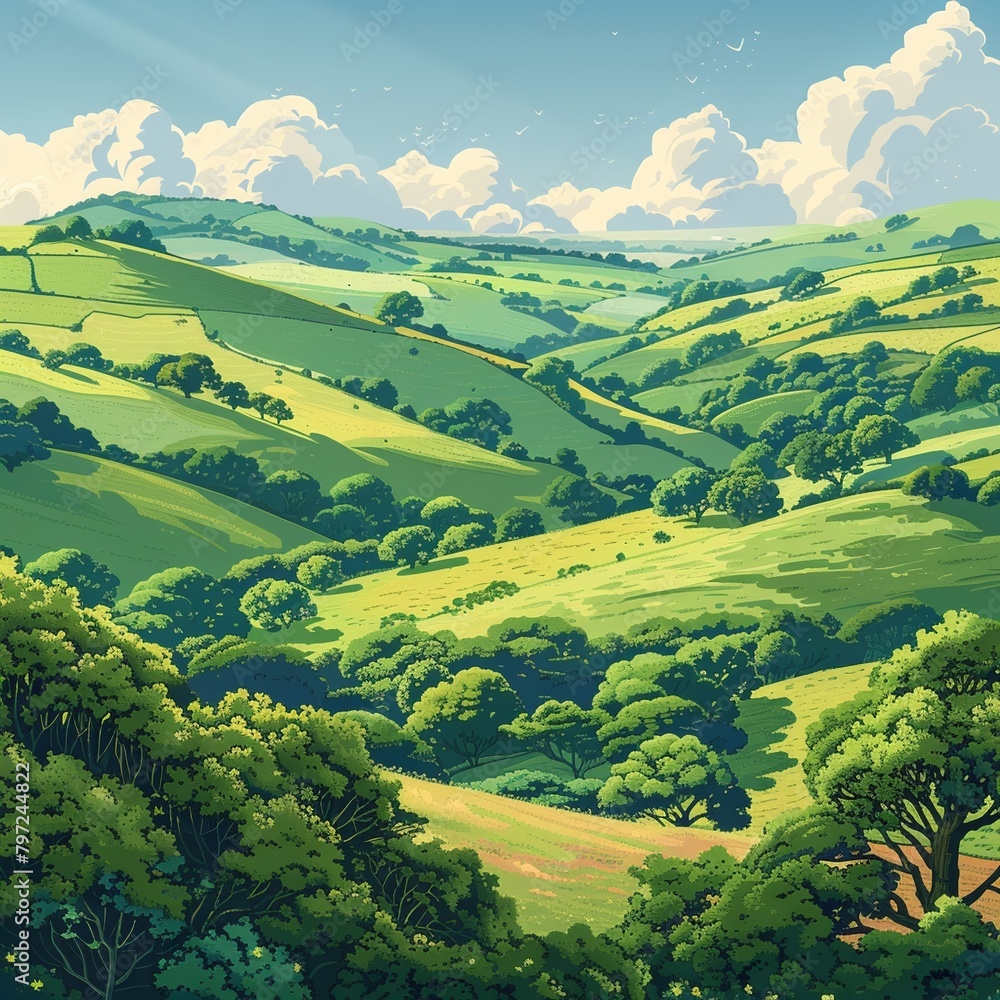 An AI-generated depiction of a sunlit rural landscape, showcasing gentle slopes and vibrant vegetation