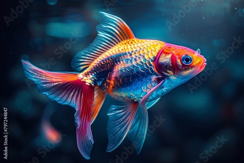 Vibrantly colored fish swimming against a dark backdrop