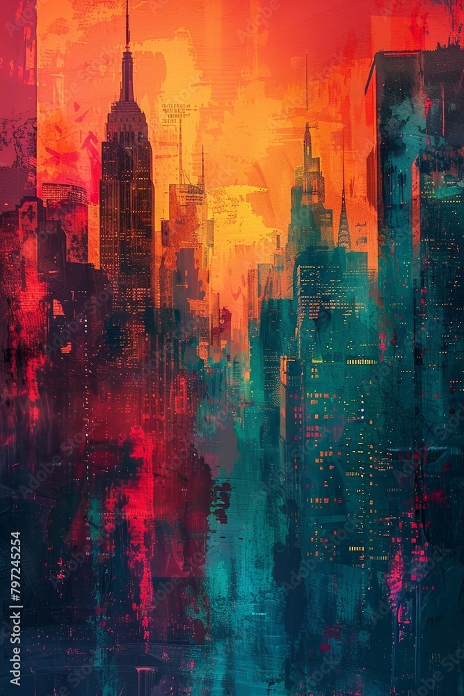 An abstract and gritty urban cityscape depicted in an illustration painting.