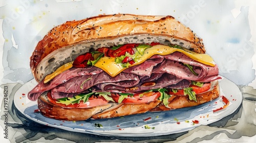 Detailed watercolor of a gourmet roast beef sandwich, layers of meat, cheese, and horseradish sauce, on a crusty baguette, showcasing depth and texture photo