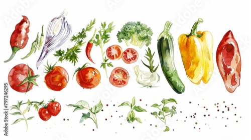 Detailed watercolor of various vegetables before and after grilling, showing the transformation, paired with a delicate aioli sauce photo