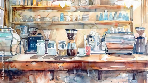 Detailed watercolor of a cafe setting with a variety of milk options available, inviting viewers to taste the difference