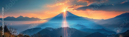 Breathtaking sunset view of Mount Fuji with dramatic sky and sunbeams photo