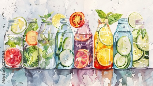 Elegant watercolor of a detox beverage display, including sleek bottles filled with infused waters and vegetable blends for health and wellness