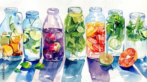 Elegant watercolor of a detox beverage display, including sleek bottles filled with infused waters and vegetable blends for health and wellness