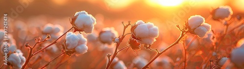 Cotton bolls in focus against a warm sunset in a field photo
