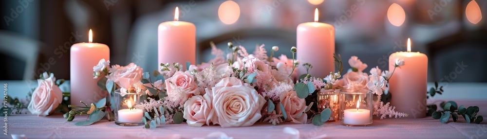 Obraz premium Elegant wedding table setting with pink candles and floral arrangement