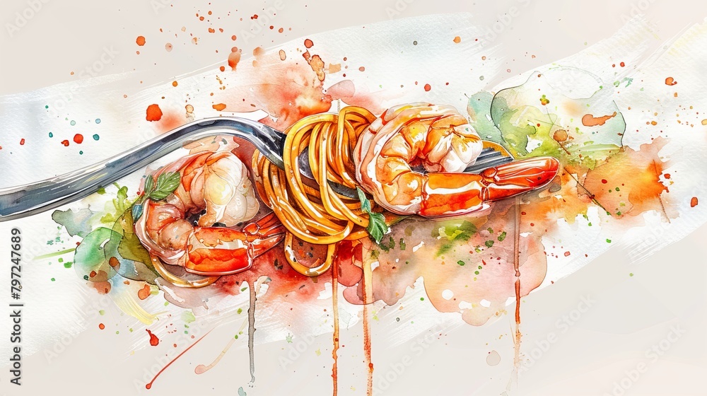 Elegant watercolor scene of decadent seafood pasta, with shrimp and scallops, creamy sauce artistically dripping off a silver fork - obrazy, fototapety, plakaty 