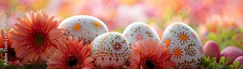 Easter eggs nestled among a bright floral arrangement photo