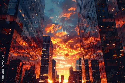 The view of the city's financial district bathed in the warm colors of the setting sun was breathtakingly beautiful, a true marvel of modern architecture.