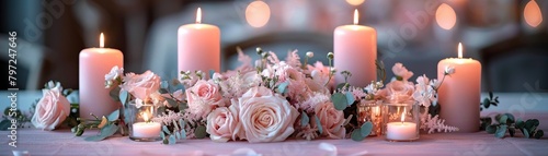 Elegant wedding table setting with pink candles and floral arrangement