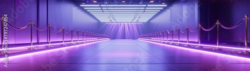 Empty fashion runway with purple lighting and velvet ropes photo