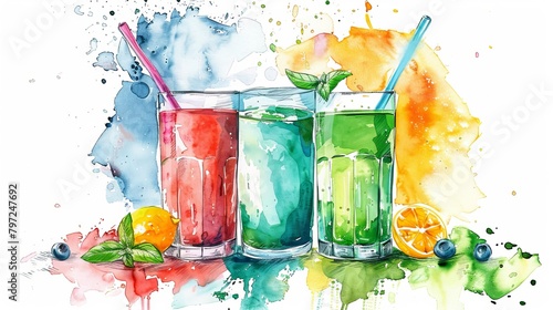 Energizing watercolor of a fitness drink setup, featuring a blend of protein shakes and natural green juices after a workout