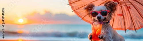 Fashionable dog with sunglasses sipping a drink under a beach umbrella