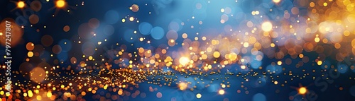 Golden sparks fly in a festive explosion against a dark blue backdrop