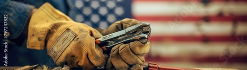 Hand in work glove holding tools, American flag in background
