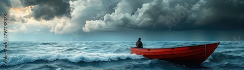 Lone man in a red boat on stormy sea, under dark clouds photo