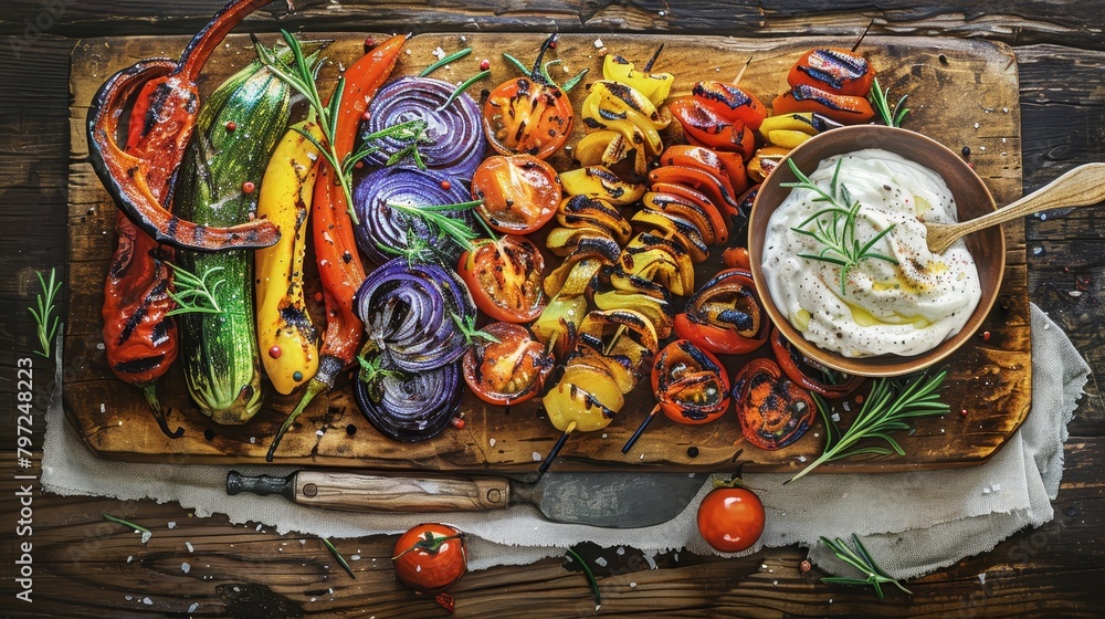 Rustic watercolor scene of an assortment of grilled vegetables on a wooden cutting board, inviting and colorful, with a bowl of aioli