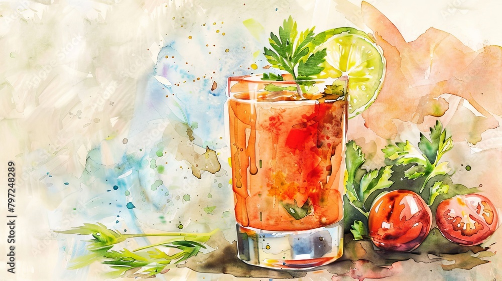 Serene watercolor of a single serving of Gazpacho garnished with fresh herbs, placed against a backdrop of Mediterranean decor - obrazy, fototapety, plakaty 