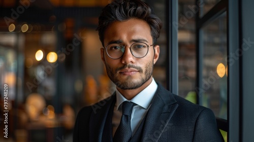 A photograph of a stylish and accomplished Indian man in a sharp black three-piece suit against a dark backdrop, adjusting his glasses. photo