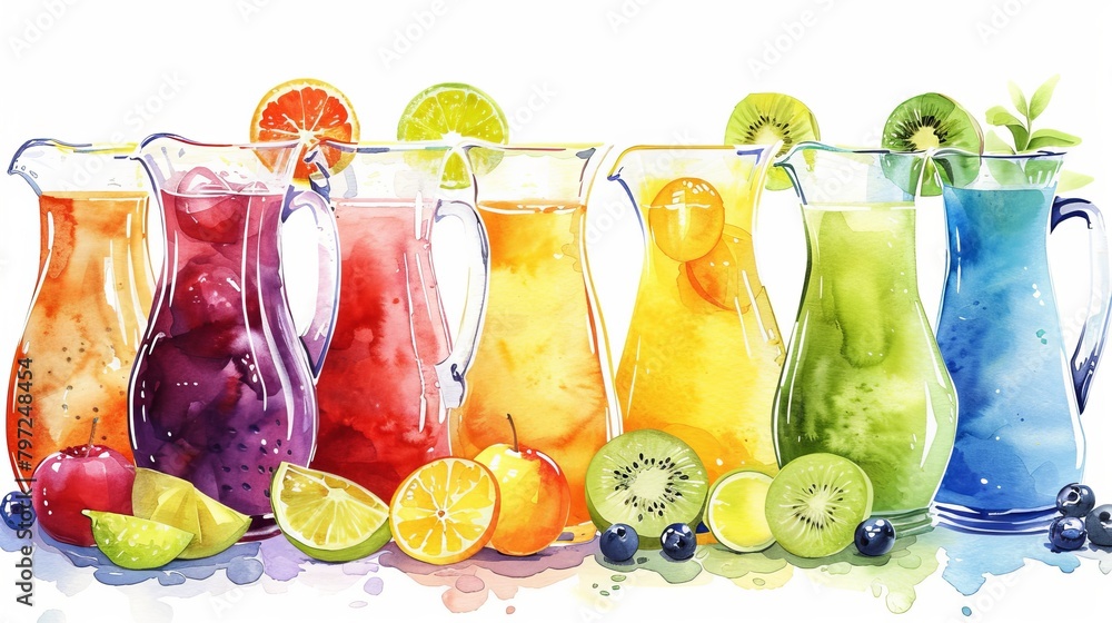Lush watercolor illustration of assorted fruit juices in transparent pitchers, showcasing the rich colors of nature's bounty - obrazy, fototapety, plakaty 
