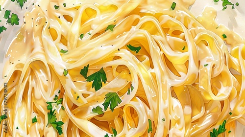 Lush depiction of fettuccine Alfredo in watercolor, creamy sauce clinging to each noodle, garnished with fresh parsley