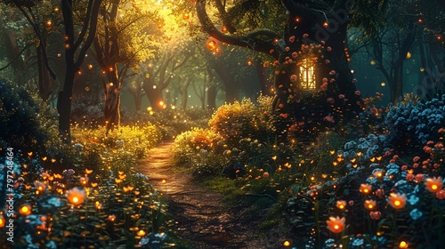 Produce a charming artwork showcasing a mystical woodland inspired by fairytales. photo