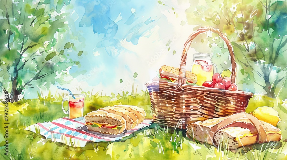 Nostalgic watercolor of a picnic basket with sandwiches and lemonade on a sunny day, light and airy colors creating a joyful, relaxed mood Nostalgic watercolor of a picnic basket with sandwiches and lemonade on a sunny day, light and airy colors creating a joyful, relaxed mood