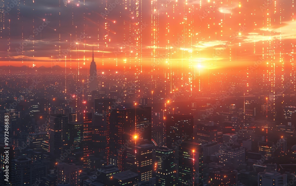 Fototapeta premium Golden hour captures the essence of a cityscape as fiber-optic lights illuminate the buildings from a drone's ultra-realistic perspective during sunrise.