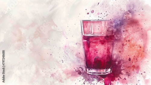 Refreshing watercolor scene of a cold beetroot juice glass, with vibrant red hues standing out against a muted background photo