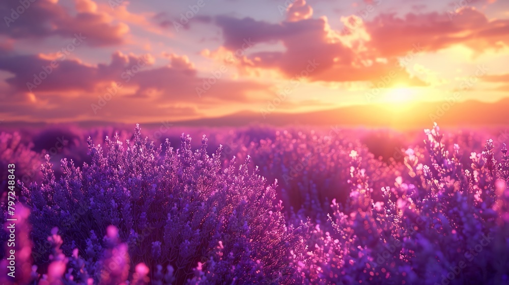 A beautiful field of lavender is illuminated by the gentle light of the morning sun, bringing a sense of tranquility and peace. AI created.