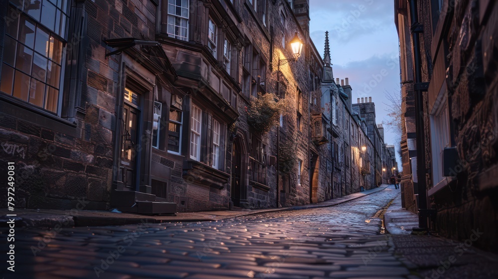 Alleyway classic stone paving road. European style house residence.