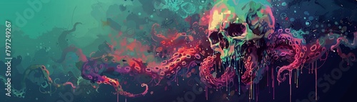 Design a pixelated skull with writhing tentacles and oozy slime for a unique and sinister look. photo