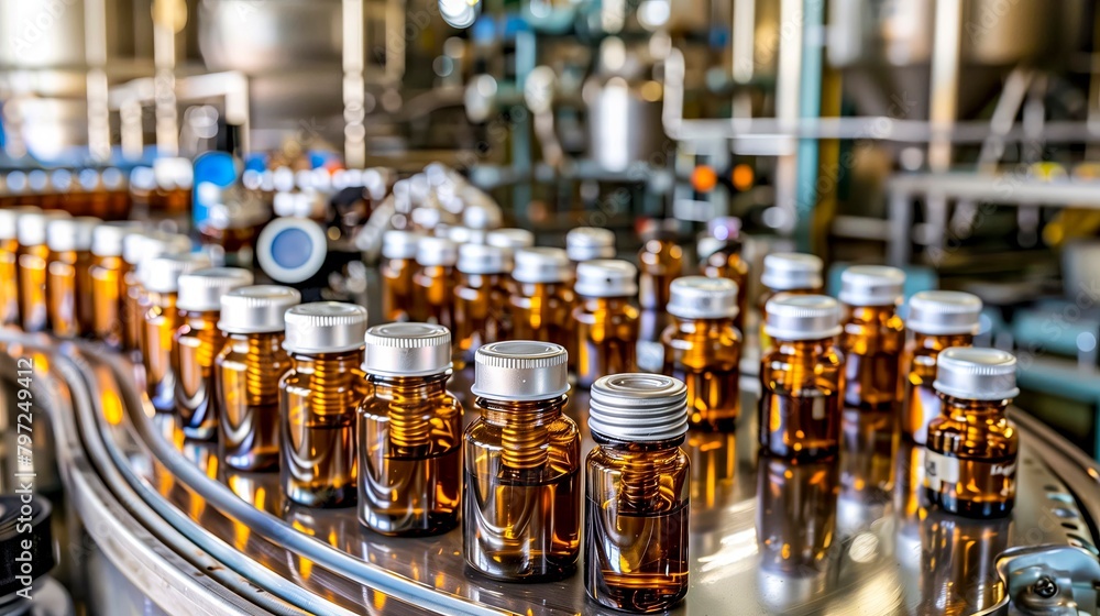 Amber Medicine Bottles on Conveyor Amber Medicine Bottles on Conveyor