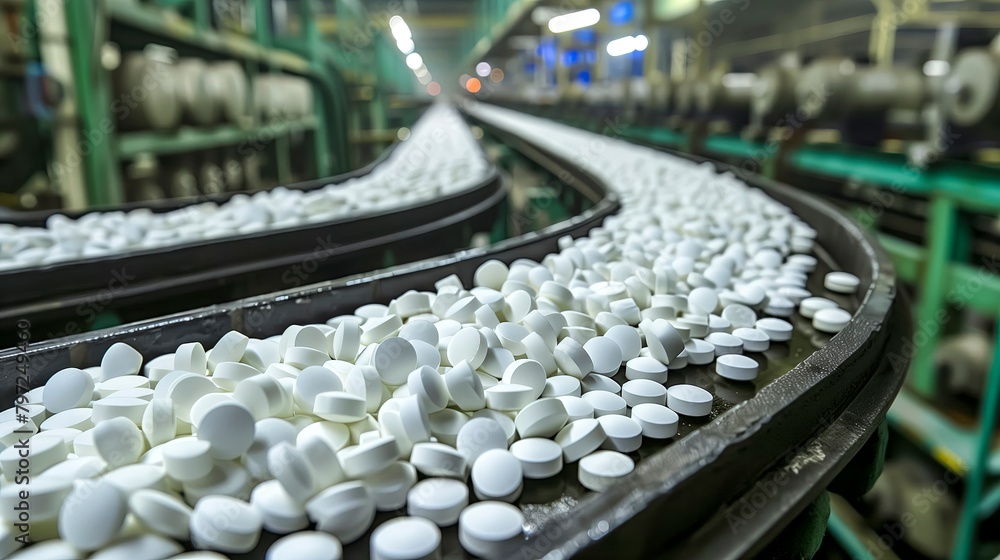 Obraz premium Pharmaceutical Pill Manufacturing Conveyor