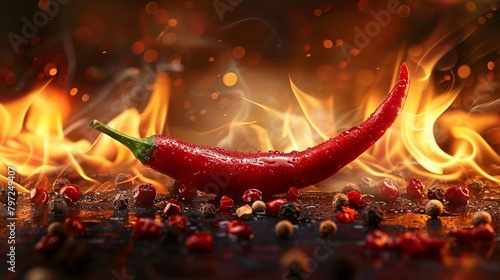 A detailed view of a fiery red chili with flames licking the edges.