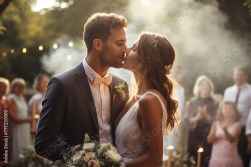 A groom kissing a bride in wedding ceremony dress event adult.