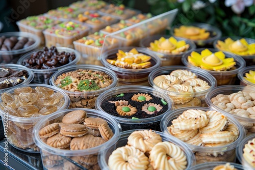 Eid hampers filled with various kinds of cookies in plastic jars. beautifully packaged with the feel of an Eid al-Fitr theme - generative ai photo