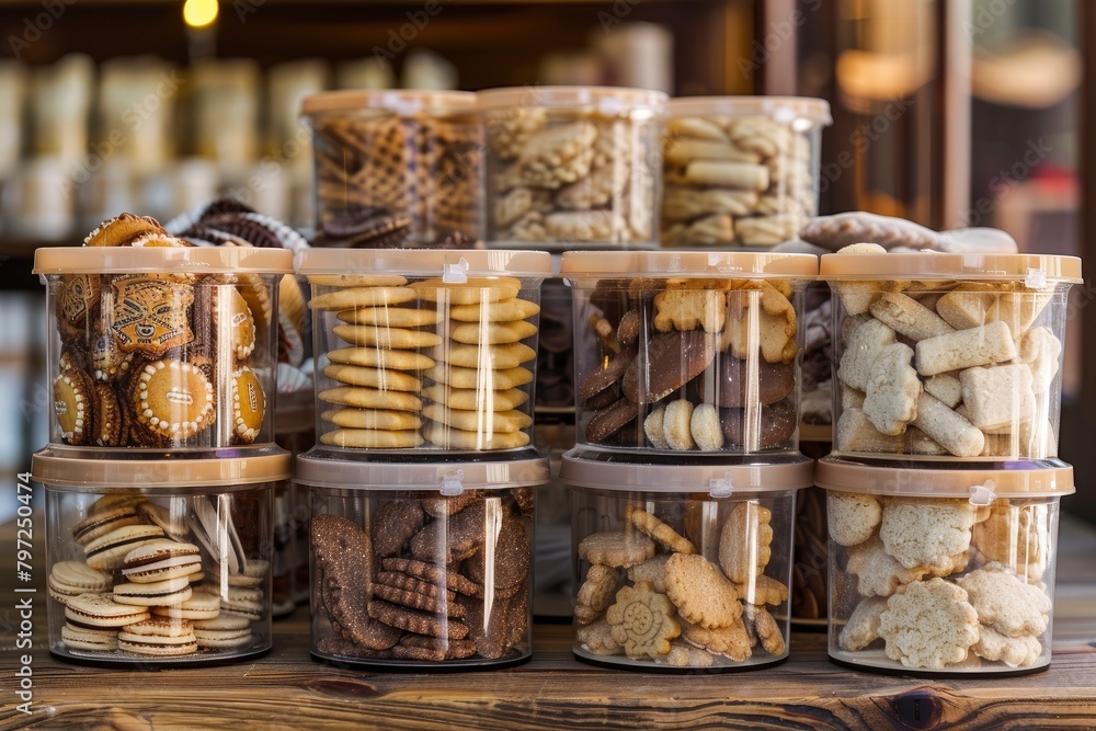 Eid hampers filled with various kinds of cookies in plastic jars. beautifully packaged with the feel of an Eid al-Fitr theme - generative ai Eid hampers filled with various kinds of cookies in plastic jars. beautifully packaged with the feel of an Eid al-Fitr theme - generative ai