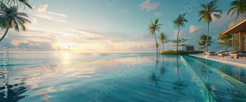 A panoramic view of an elegant infinity pool at sunset. Generate AI image