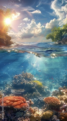 An underwater view of a coral reef with the sun shining down from the surface.