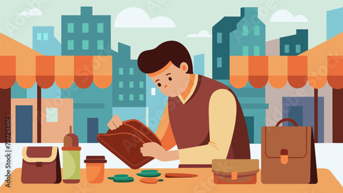 In a bustling city market a man sits at a makeshift table showcasing his skill at creating personalized leather wallets for passersby..