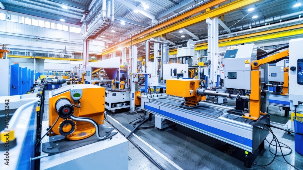 An industrial factory floor with machinery in operation, overseen by managers and engineers 