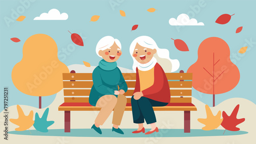 As the autumn leaves fall around them two elderly women share stories and laughs on the park bench reminiscing about their younger days.. Vector illustration