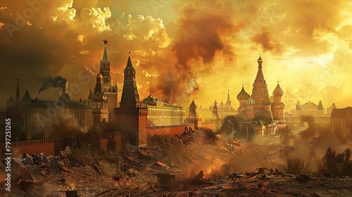 apocalyptic moscow skyline red square engulfed in war smoke and ruins wide banner illustration