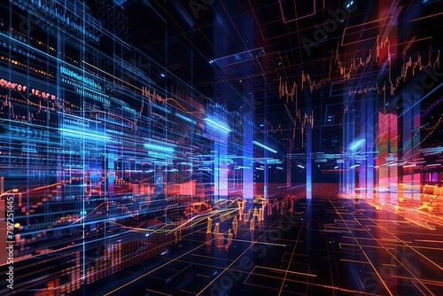 A digital visualization of stock market chart lines in a virtual reality environment  immersing the viewer in an interactive and dynamic representation of financial data