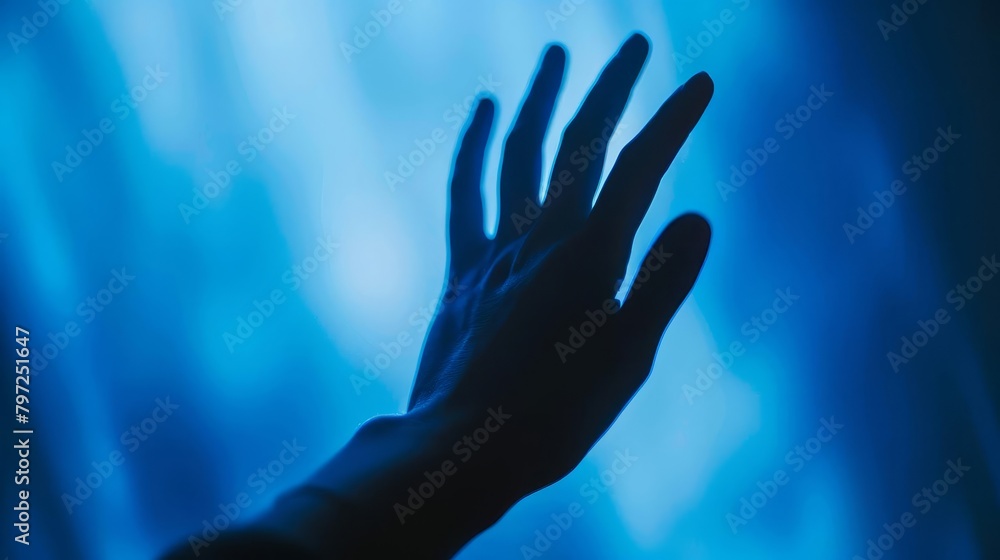 blurred human hand silhouette out of focus on blue background abstract artistic concept blurred human hand silhouette out of focus on blue background abstract artistic concept