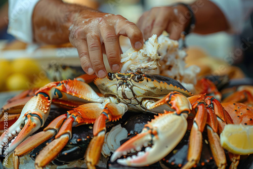 A hand grabbing a stone crab from a pile, food and conservation concept