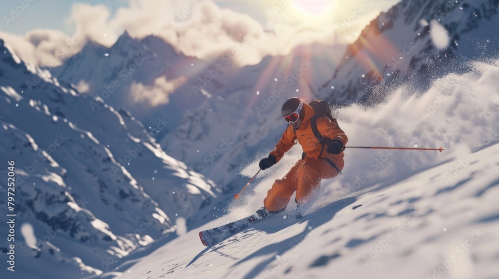 A professional skier in a orange suit. Generate AI image A professional skier in a orange suit. Generate AI image